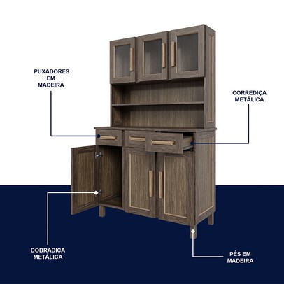 Armário de Cozinha Bahia 6 Portas 3 Gavetas com Vidro Natural - Rodmóveis
