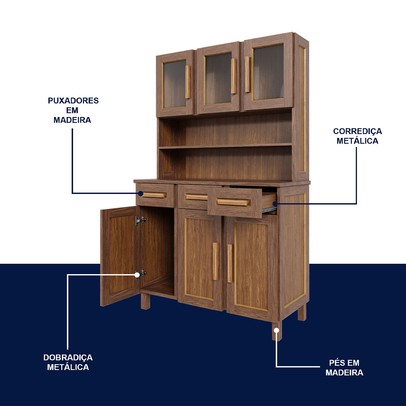 Armário de Cozinha Bahia 6 Portas 3 Gavetas com Vidro Ypê - Rodmóveis