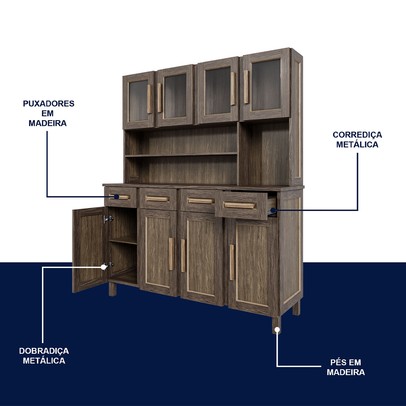 Armário de Cozinha Maranhão 8 Portas 4 Gavetas com Vidro Imbuia Natural - Rodmóveis