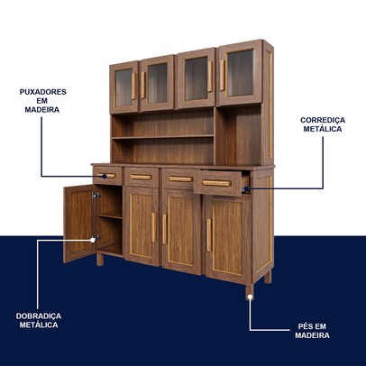 Armário de Cozinha Maranhão 8 Portas 4 Gavetas com Vidro Ypê - Rodmóveis