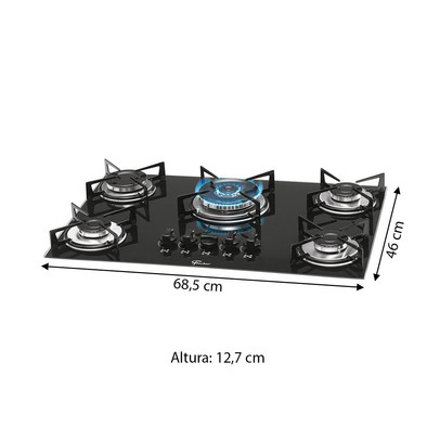 Cooktop 5 Bocas Tripla Chama com Vidro Preto - Fischer