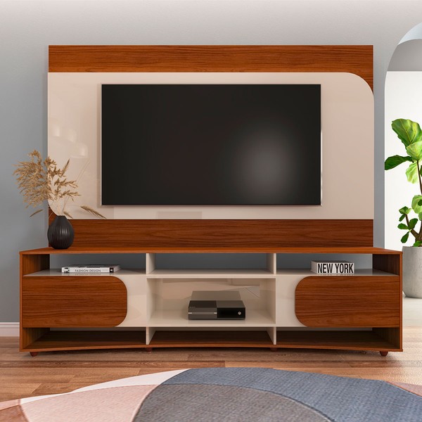 Rack com Painel para TV Até 86 Polegadas Seleto 2 Portas Cedro/Off White - Pnr Móveis