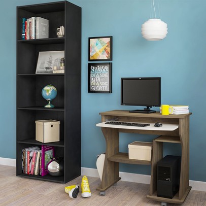 Escritório Completo Multy 6 Prateleiras Preto/Off White  - Pnr Móveis