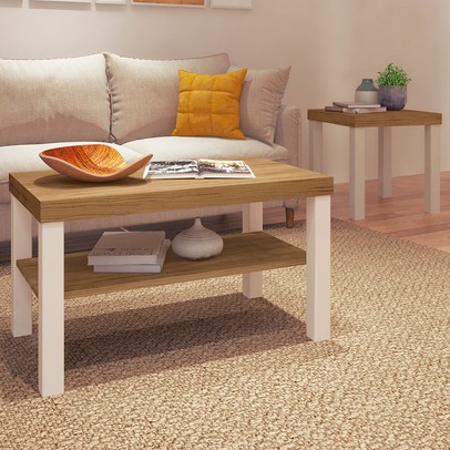 Mesa de Centro Kit 2 Peças Carvalho/Off White - Pnr Móveis