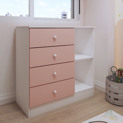 Quarto Infantil Completo Escotilha 5 Portas 7 Gavetas Rosa/Branco - Panorama Móveis