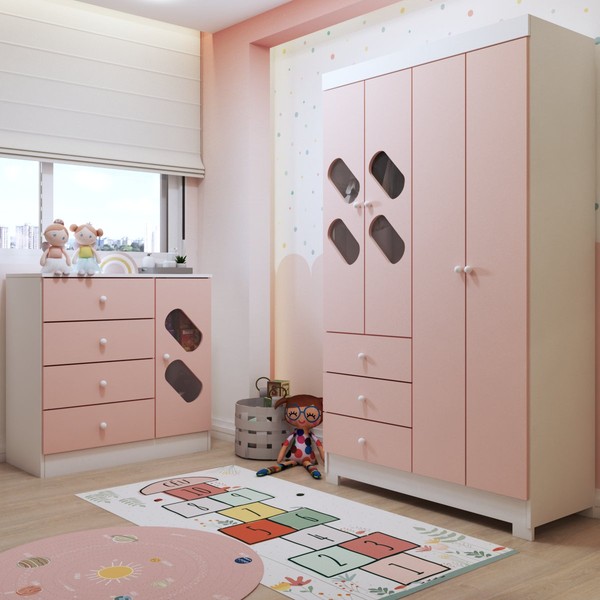 Quarto Infantil Completo Escotilha 5 Portas 7 Gavetas Rosa/Branco - Panorama Móveis