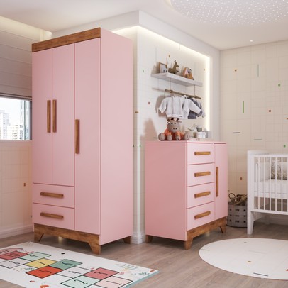 Quarto Infantil Completo Kids 4 Portas 6 Gavetas Rosa/Nature - Panorama Móveis