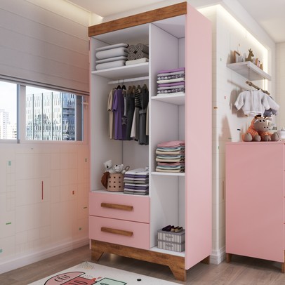 Quarto Infantil Completo Kids 4 Portas 6 Gavetas Rosa/Nature - Panorama Móveis