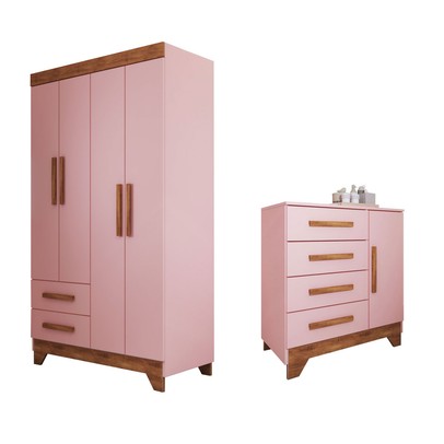 Quarto Infantil Completo Kids 5 Portas 6 Gavetas Rosa/Nature - Panorama Móveis