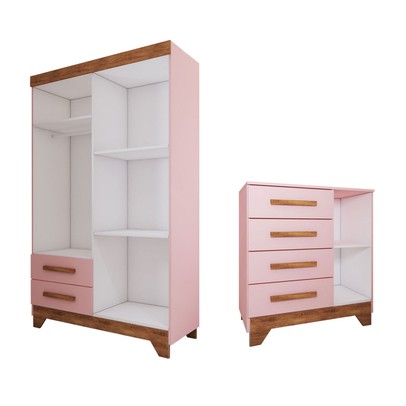 Quarto Infantil Completo Kids 5 Portas 6 Gavetas Rosa/Nature - Panorama Móveis