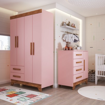 Quarto Infantil Completo Kids 5 Portas 6 Gavetas Rosa/Nature - Panorama Móveis