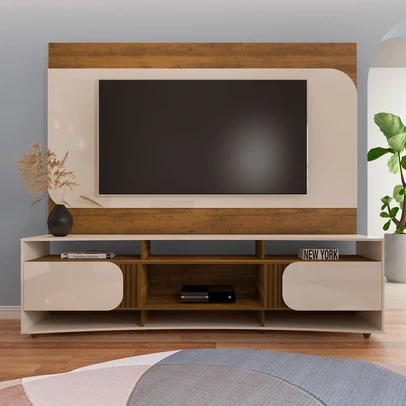 Rack com Painel  para TV Até 80 Polegadas Seleto 2 Portas Pinho/Off White - Pnr Móveis