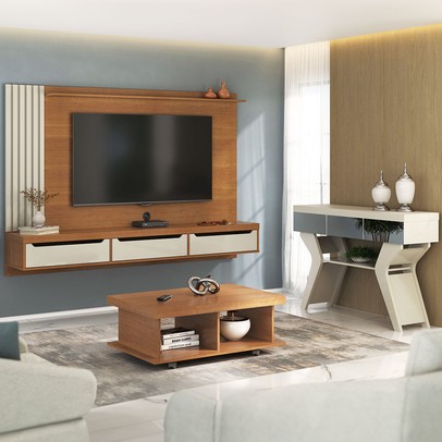 Sala de Estar Completa para TV Até 75 Polegadas Luxos 3 Gavetas Cinamomo/Off White - Pnr Móveis