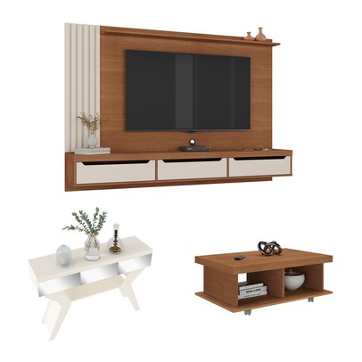 Sala de Estar Completa para TV Até 75 Polegadas Luxos 3 Gavetas Cinamomo/Off White - Pnr Móveis