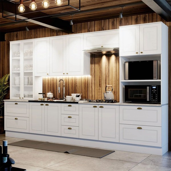 Cozinha Completa Americana 12 Portas 7 Gavetas com Vidro 100% Mdf Branco Hp -  Henn