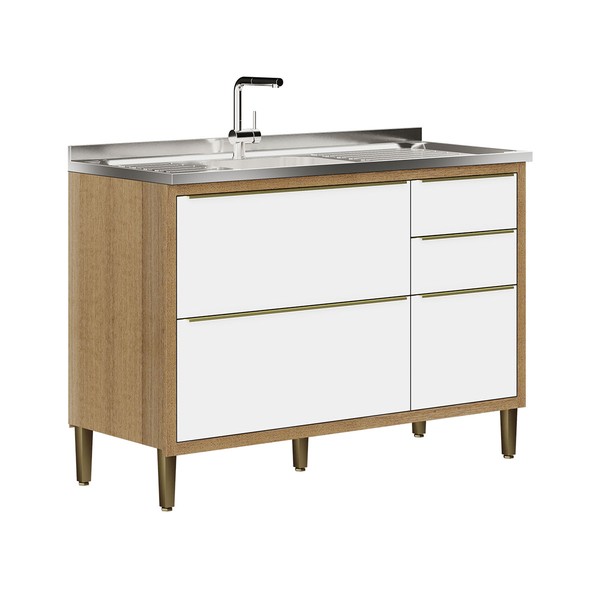 Balcão de Cozinha Paola 3 Portas 2 Gavetas Carvalho/Branco - Aramóveis