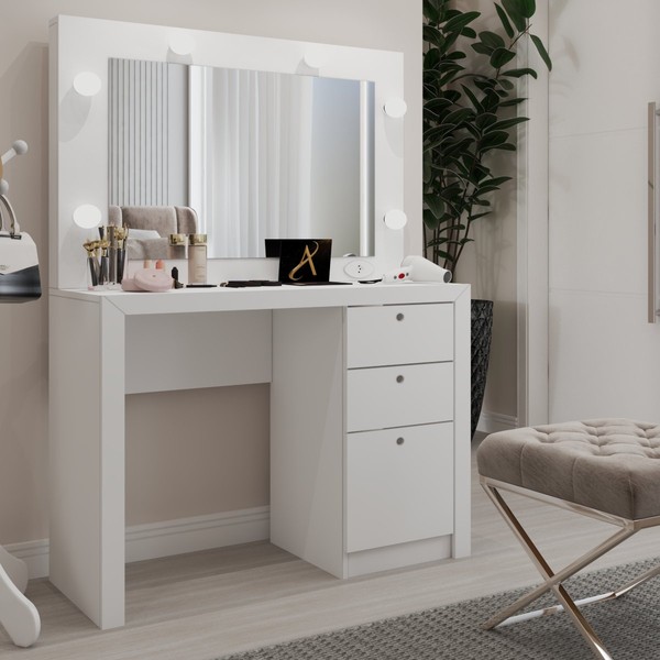 Penteadeira Camarim 3 Gavetas Beauty com Espelho e Bocais para Lâmpada Branco - Panorama Móveis