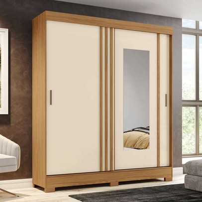 Guarda-Roupa Casal 2 Portas 2 Gavetas com Espelho Flex Nature/Off White/Cinza -  Briz