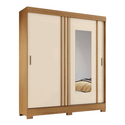Guarda-Roupa Casal 2 Portas 2 Gavetas com Espelho Flex Nature/Off White/Cinza -  Briz