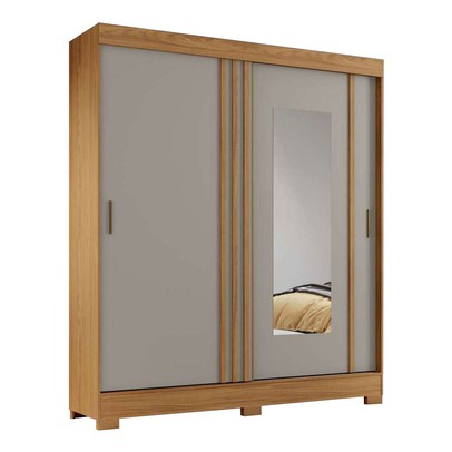 Guarda-Roupa Casal 2 Portas 2 Gavetas com Espelho Flex Nature/Off White/Cinza -  Briz