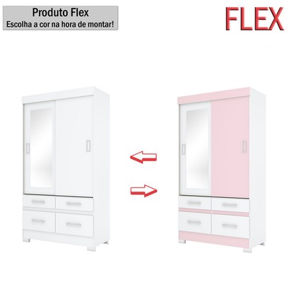 Guarda-Roupa Solteiro Marel 2 Portas 4 Gavetas com Espelho Flex Branco/Rosa - Briz