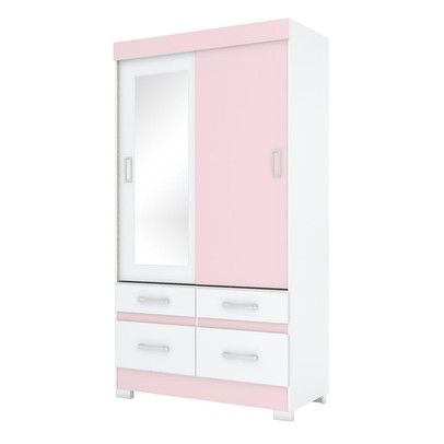 Guarda-Roupa Solteiro Marel 2 Portas 4 Gavetas com Espelho Flex Branco/Rosa - Briz