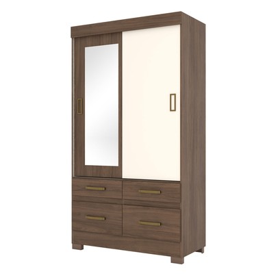 Guarda-Roupa Solteiro Marel 2 Portas 4 Gavetas com Espelho Flex Off White/Castanho - Briz