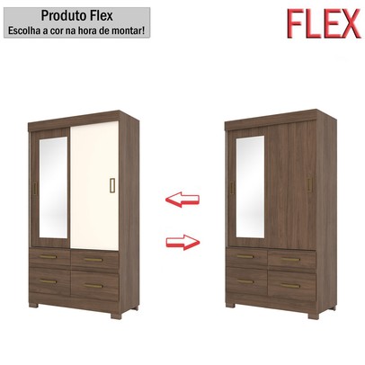 Guarda-Roupa Solteiro Marel 2 Portas 4 Gavetas com Espelho Flex Off White/Castanho - Briz