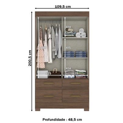 Guarda-Roupa Solteiro Marel 2 Portas 4 Gavetas com Espelho Flex Off White/Castanho - Briz