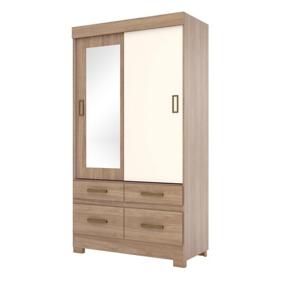 Guarda-Roupa Solteiro Marel 2 Portas 4 Gavetas com Espelho Flex Off White/Jequitibá - Briz