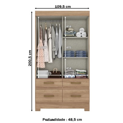 Guarda-Roupa Solteiro Marel 2 Portas 4 Gavetas com Espelho Flex Off White/Jequitibá - Briz