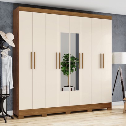 Guarda-Roupa Casal 8 Portas 4 Gavetas com Espelho Nature/Off White - Briz