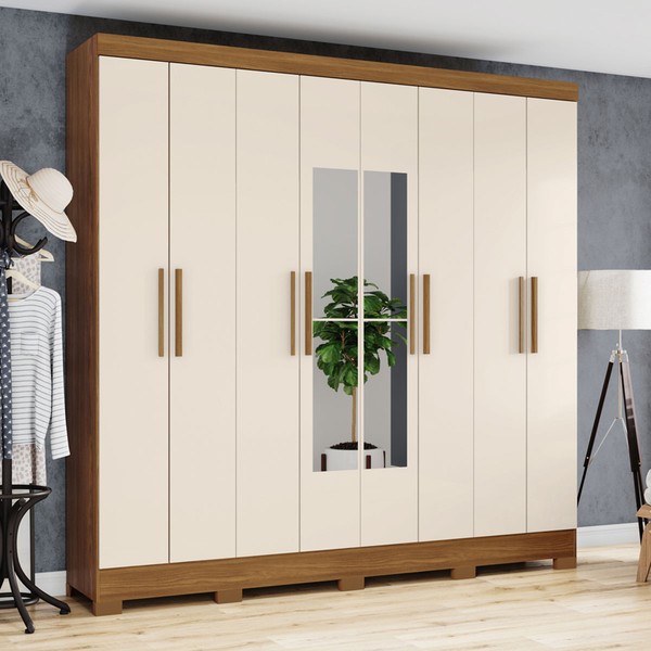 Guarda-Roupa Casal 8 Portas 4 Gavetas com Espelho Nature/Off White - Briz