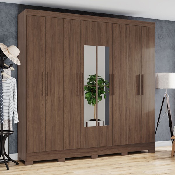 Guarda-Roupa Casal 8 Portas 4 Gavetas com Espelho Castanho -  Briz