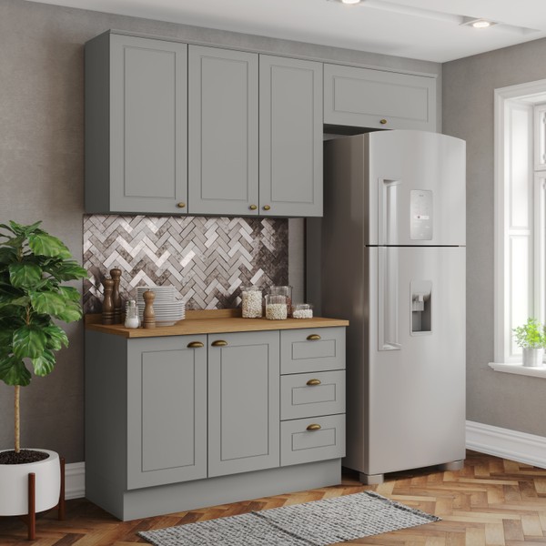 Cozinha Compacta Americana 6 Portas 3 Gavetas 100% Mdf Cinza/Nature - Henn