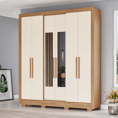 Guarda-Roupa Casal 6 Portas 3 Gavetas com Espelho B366 Nature/Off White - Briz