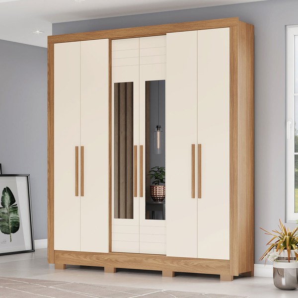 Guarda-Roupa Casal 6 Portas 3 Gavetas com Espelho B366 Nature/Off White - Briz