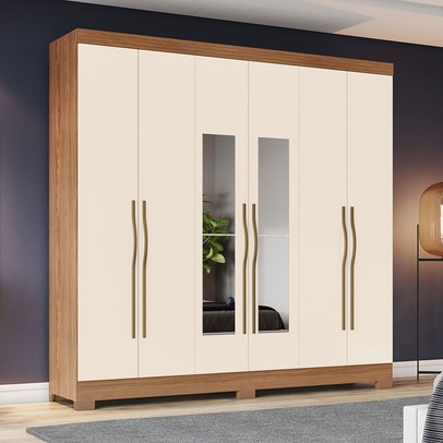 Guarda-Roupa Casal 6 Portas 2 Gavetas com Espelho B368 Nature/Off White - Briz