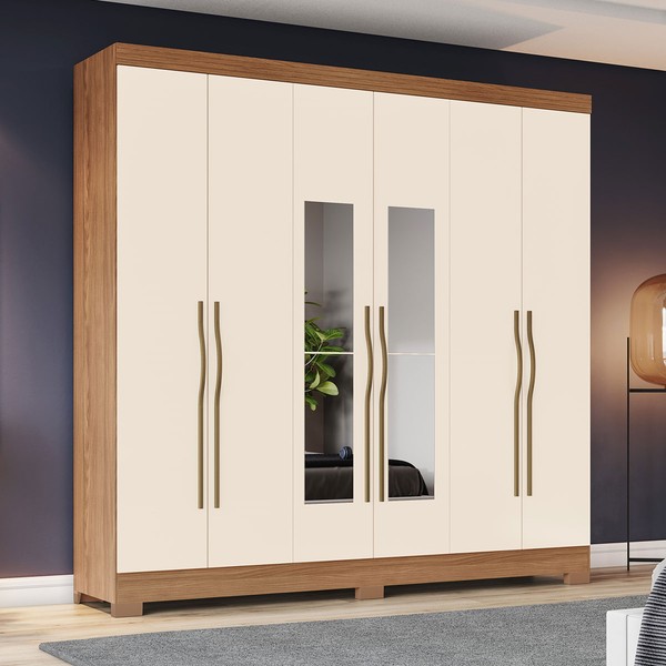 Guarda-Roupa Casal 6 Portas 2 Gavetas com Espelho B368 Nature/Off White - Briz
