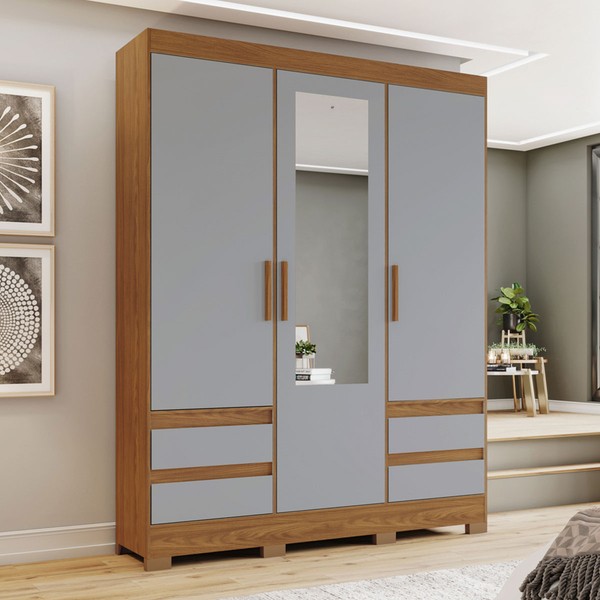 Guarda-Roupa Solteiro Lema 3 Portas 4 Gavetas com Espelho Nature/Cinza - Henn