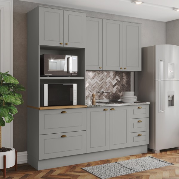 Cozinha Completa Americana 7 Portas 5 Gavetas 100% Mdf  Cinza/Nature - Henn