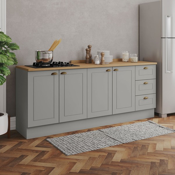 Cozinha Compacta Americana 4 Portas 3 Gavetas 100% Mdf Cinza/Nature Ce760 - Henn