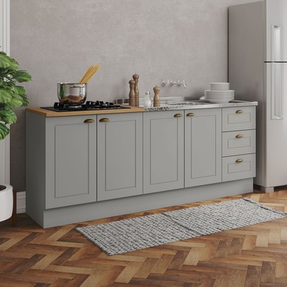 Cozinha Compacta Americana 4 Portas 3 Gavetas 100% Mdf Cinza/Nature - Henn