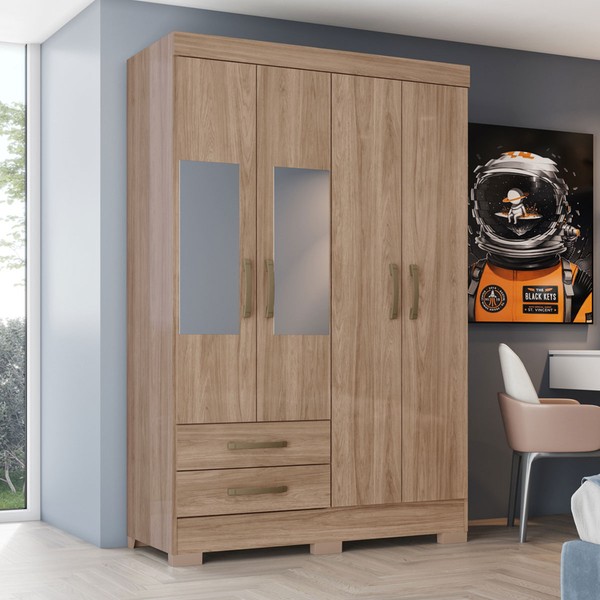 Guarda-Roupa Solteiro Fabuloso 4 Portas 2 Gavetas com Espelho Jequitibá Brilho Be06 - Henn