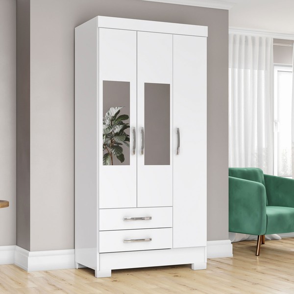 Guarda-Roupa Solteiro 3 Portas 2 Gavetas com Espelho Branco/Rosa Be16 - Briz