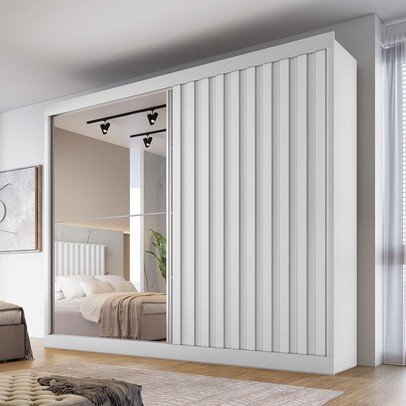 Guarda-Roupa Casal Atlanta 2 Portas 4 Gavetas Ripado com Espelho Branco Acetinado - Mademarques