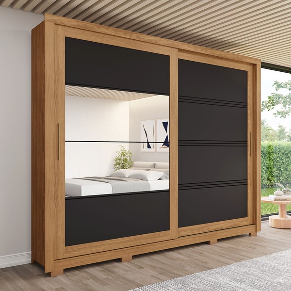 Guarda-Roupa Casal Medelín 2 Portas 4 Gavetas com Espelho Nature/Preto -  Henn
