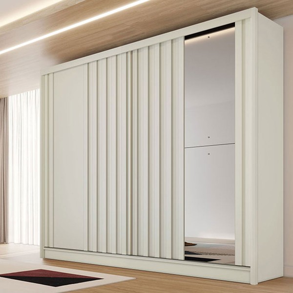 Guarda-Roupa Solteiro Galati 2 Portas 4 Gavetas com Espelho Ripado 100% Mdf Off White 11874 - Mademarques