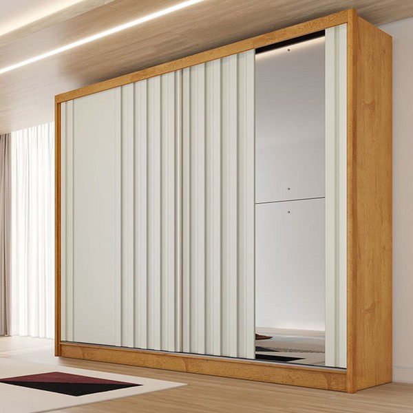 Guarda-Roupa Solteiro Galati 2 Portas 4 Gavetas com Espelho Ripado 100% Mdf Peroba/Off White 11874 - Mademarques