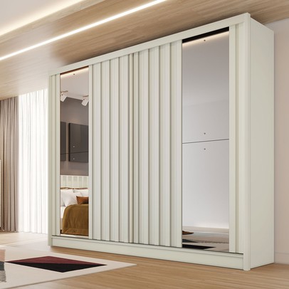 Guarda-Roupa Solteiro Galati 2 Portas 4 Gavetas com Espelho Ripado 100% Mdf Off White - Mademarques